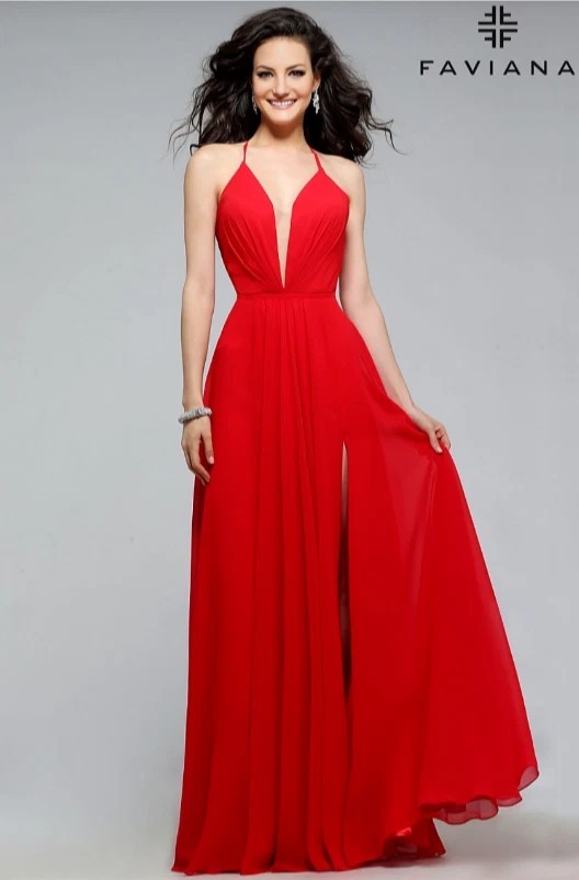 FAVIANA Women's Illusion Plunge Chiffon Gown Red Prom Maxi Dress V Neck Formal 0
