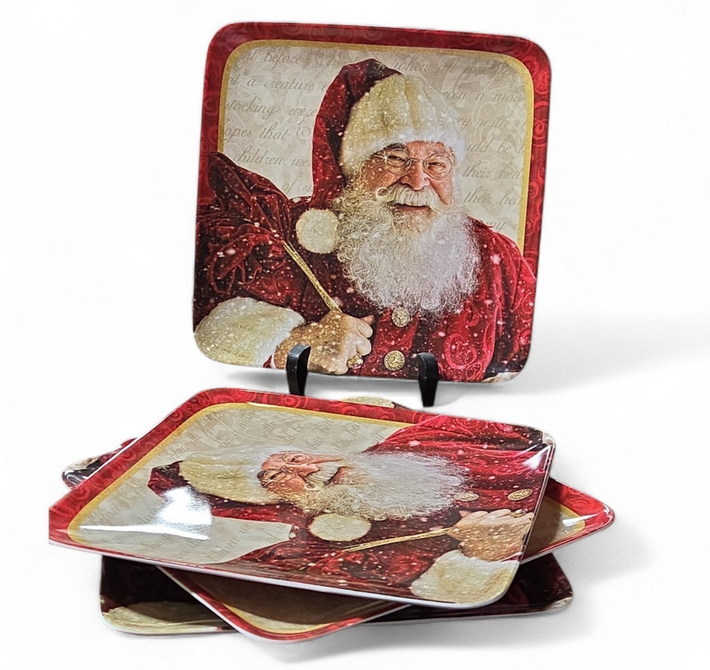Melamine Rectangle Red Christmas Serving Plates Santa Sac Full Of Toys LOT OF 4