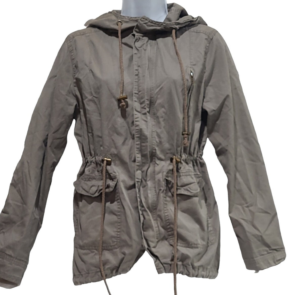 Sans Souci Jacket Utility Womens   LT Brown Pockets Full Zip Snap Hooded Size M