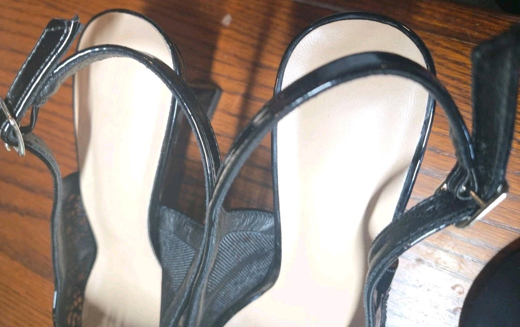 Women's Black Patent Heels Bowknot Pointed Toe Slingback Sz 41 Classy Elegant