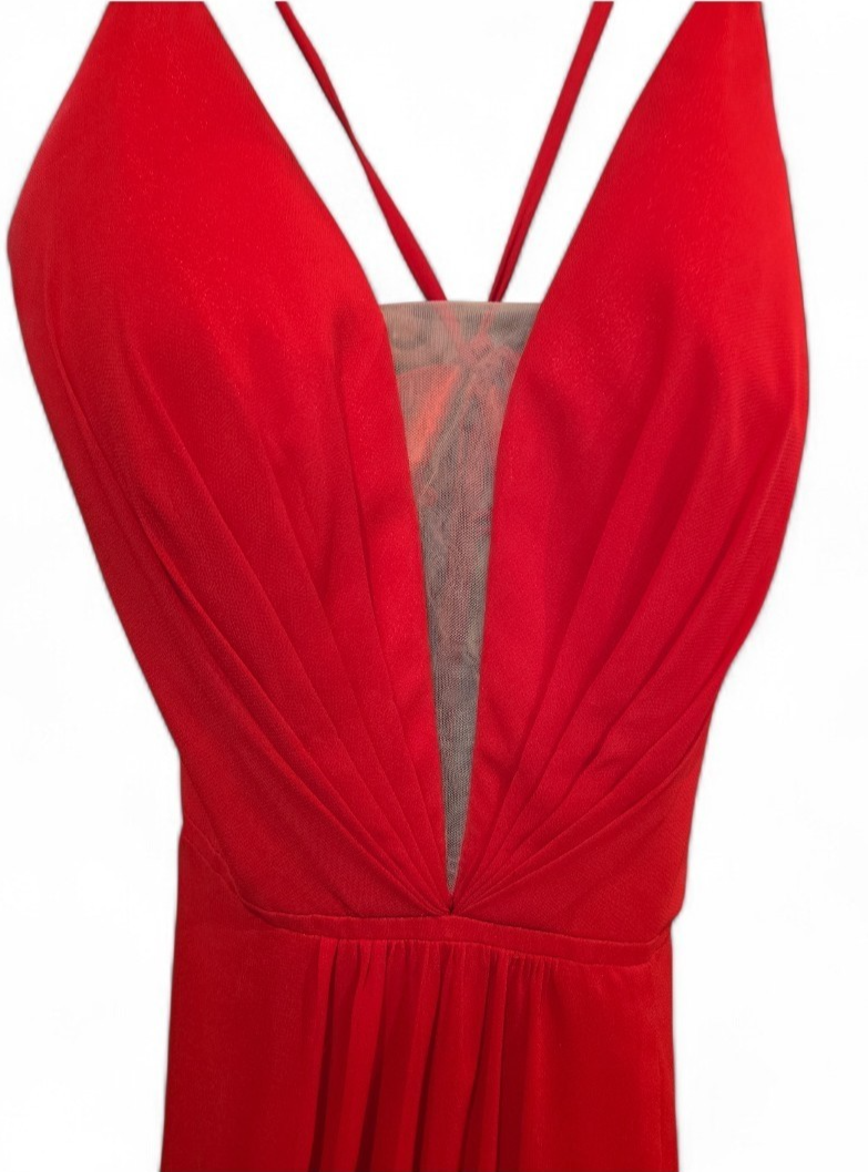 FAVIANA Women's Illusion Plunge Chiffon Gown Red Prom Maxi Dress V Neck Formal 0