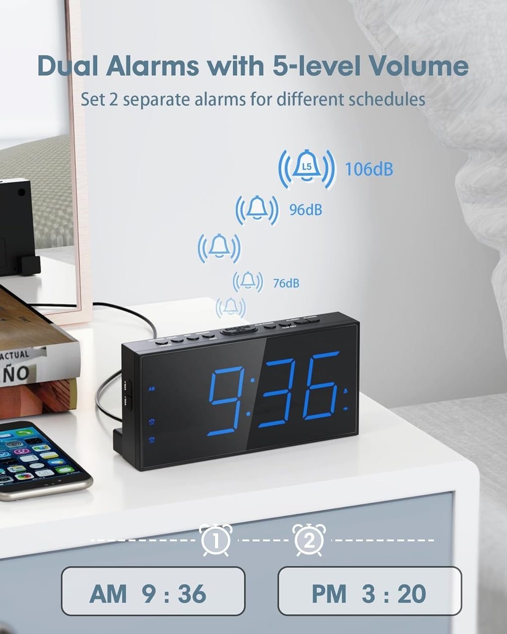 Roxicosly Loud Alarm Clock with Bed Shaker, Vibrating Alarm Clock for Heavy Slee