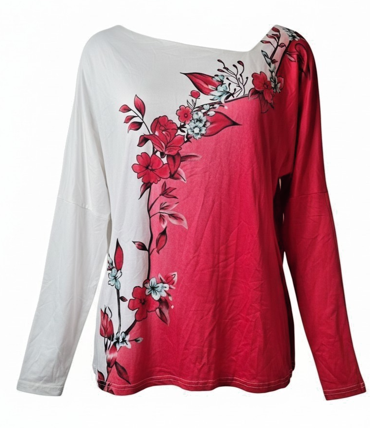 Floral Asymmetrical Neck Long-Sleeve Polyester-Spandex Tee In Red & White Size L