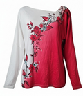 Floral Asymmetrical Neck Long-Sleeve Polyester-Spandex Tee In Red & White Size L