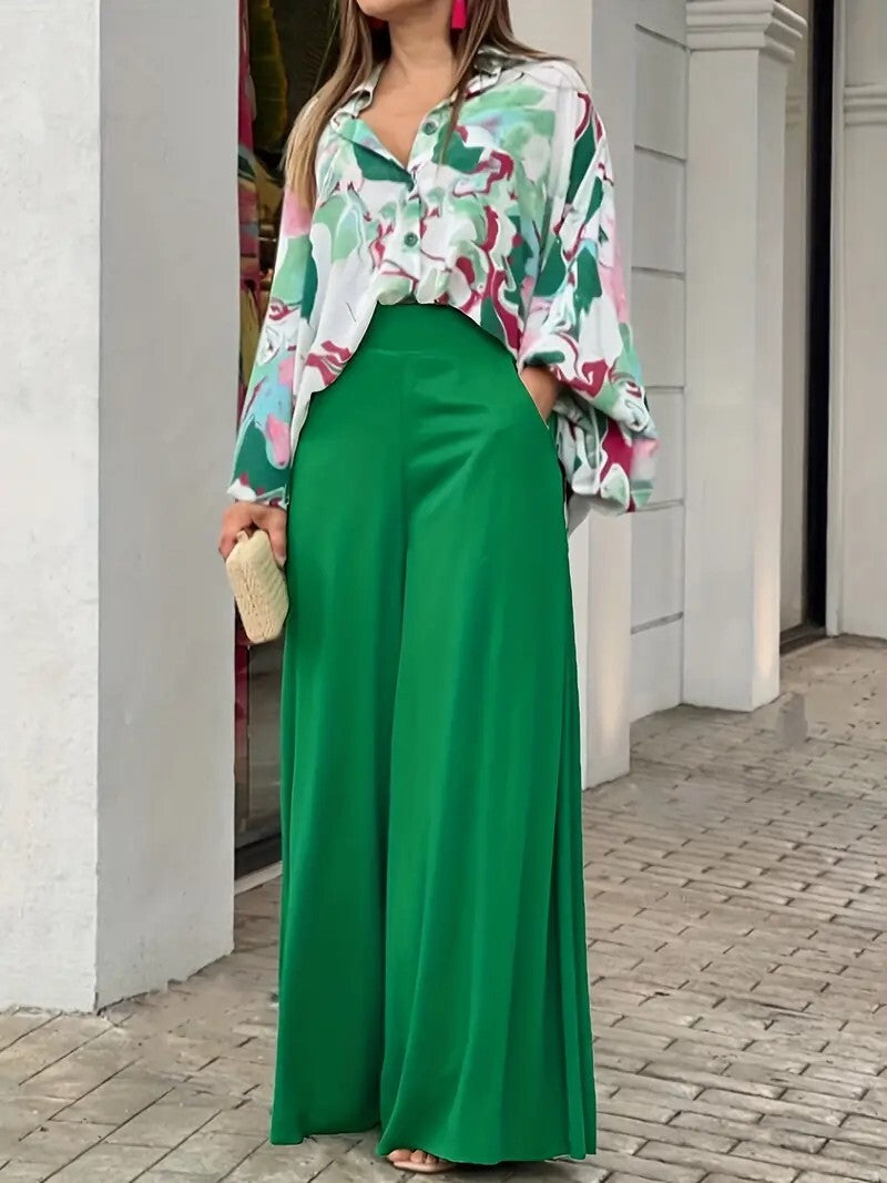 Batwing Sleeve Tie Dye Blouse & High Waist Solid Pantsuits