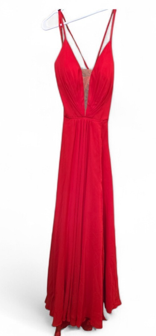 FAVIANA Women's Illusion Plunge Chiffon Gown Red Prom Maxi Dress V Neck Formal 0
