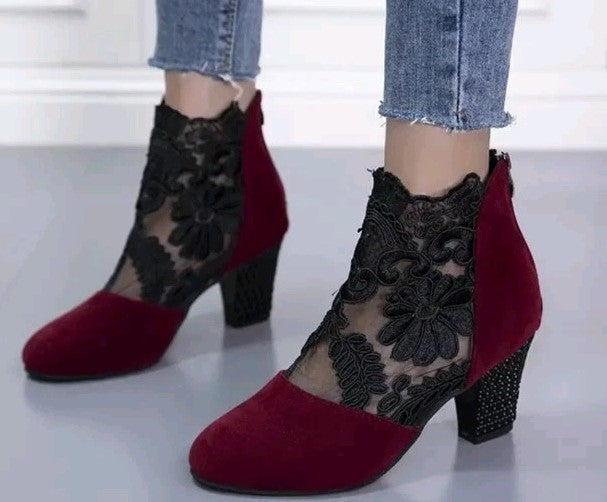 Black Floral Mesh & Violet Outer Women’s High Heel Goth Zip Back Shoes 10.5/41