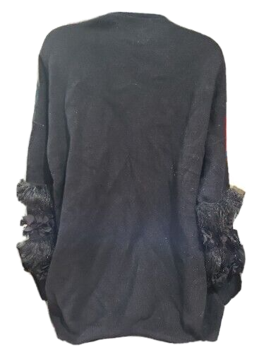 Black Rhinestone And Flower Accents And Faux Fur Cardigan Open Front