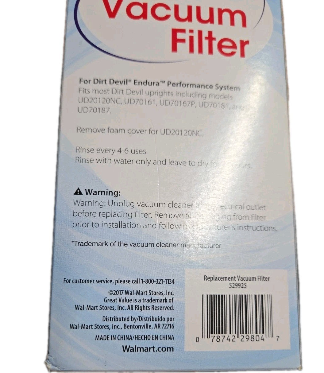 Great Value Vacuum Filter 529925 For Dirt Devil Endura F112 New