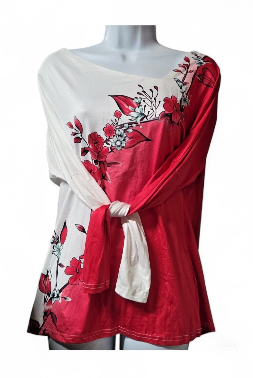 Floral Asymmetrical Neck Long-Sleeve Polyester-Spandex Tee In Red & White Size L