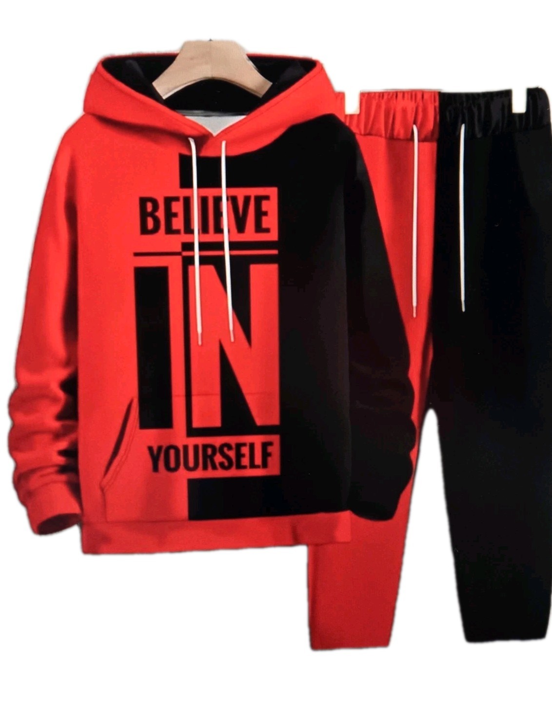 Large Size Men's "Believe in Yourself" Printed T-Hoodie and Pant  Set,