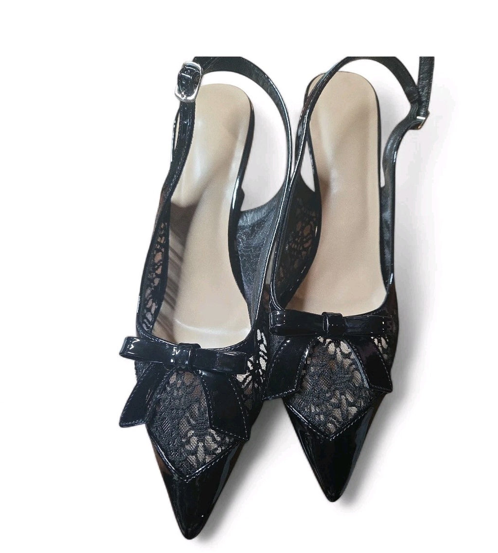 Women's Black Patent Heels Bowknot Pointed Toe Slingback Sz 41 Classy Elegant