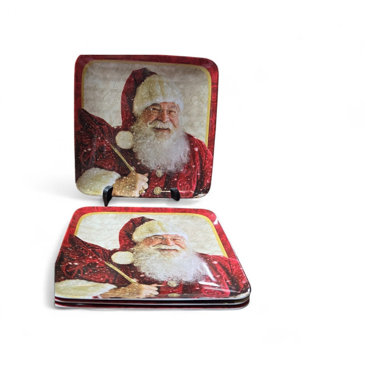 Melamine Rectangle Red Christmas Serving Plates Santa Sac Full Of Toys LOT OF 4
