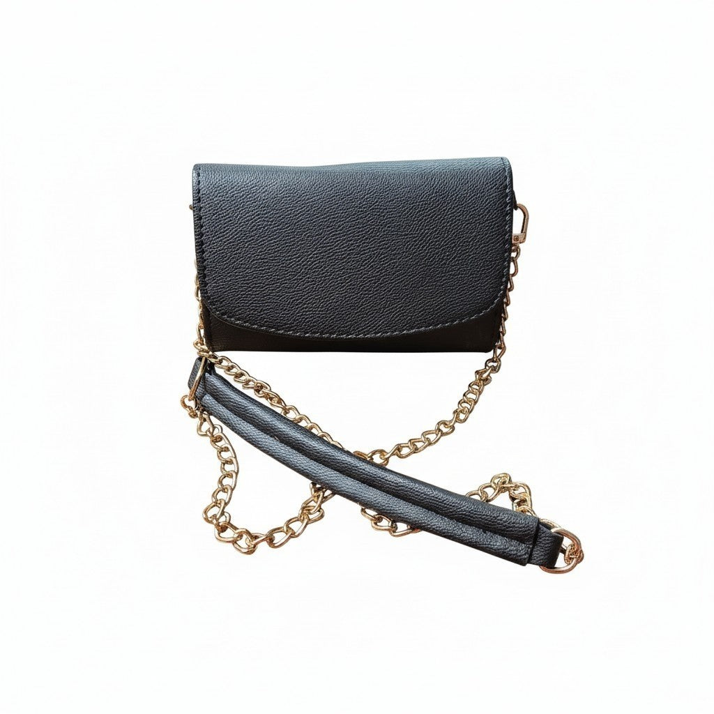 Leather Convertible Crossbody Clutch Chain Black Bag With Extra Small link Chain
