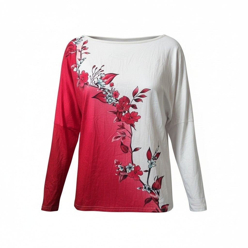Floral Asymmetrical Neck Long-Sleeve Polyester-Spandex Tee In Red & White Size L