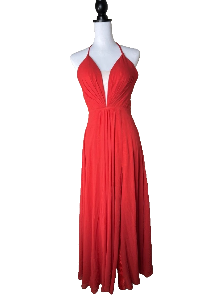 FAVIANA Women's Illusion Plunge Chiffon Gown Red Prom Maxi Dress V Neck Formal 0