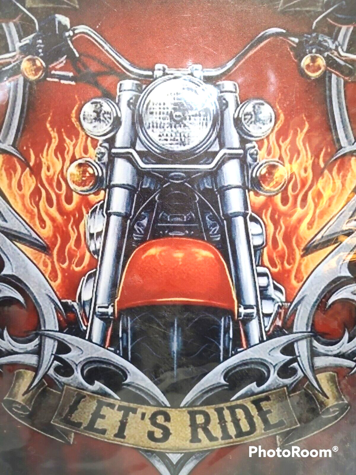 Motorcycle with Flames "Work Sucks Let's Ride!" Metal Signage 17"x12"