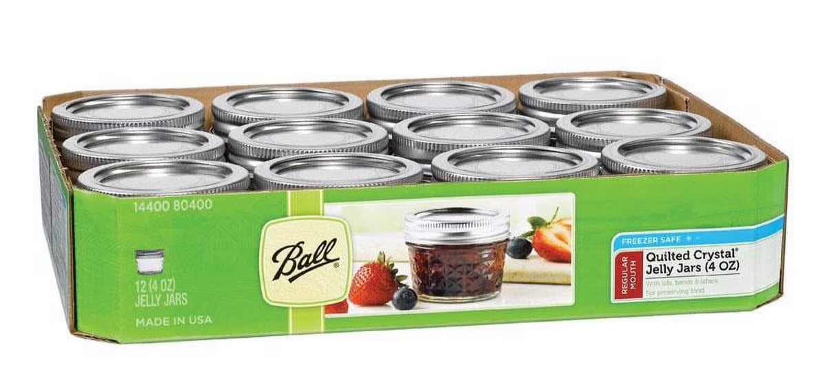 Ball Regular Mouth Canning Mason Jar Quilted Crystal Jam Jelly Jars 4oz 12-Pack