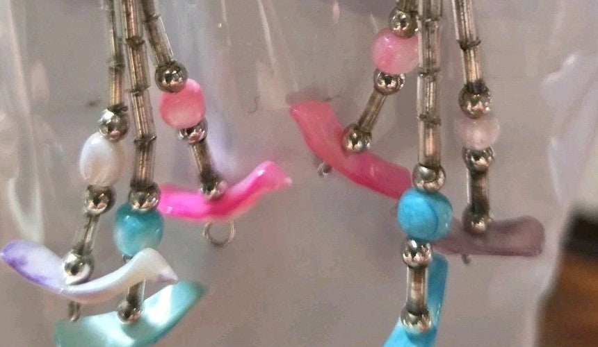 Turquoise, Pink, White Carved  Bird Dangle Pierced  Fashion Earrings