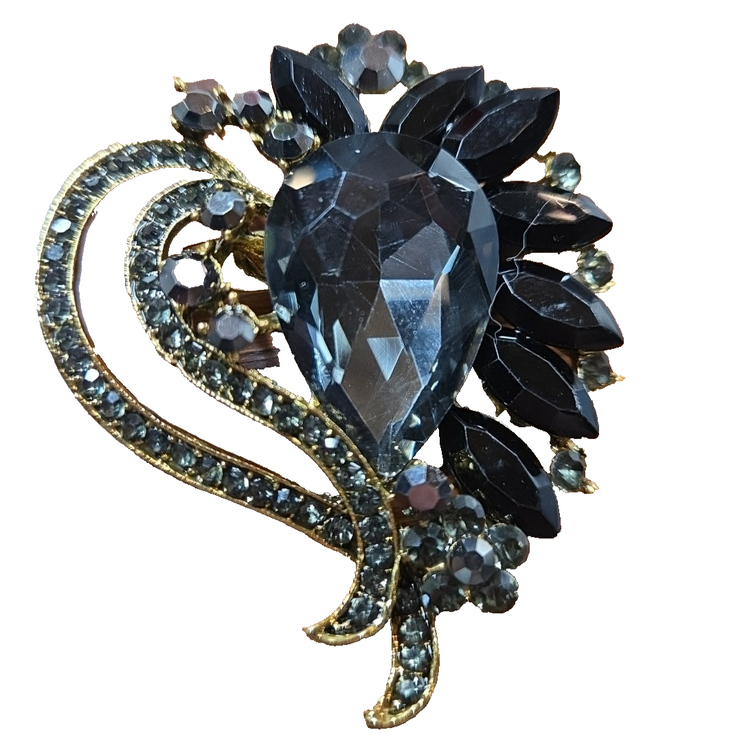 Large HEART BROOCH Pendent BLACK Sparkly  GLITZY GLAM Fab VINTAGE STYLE