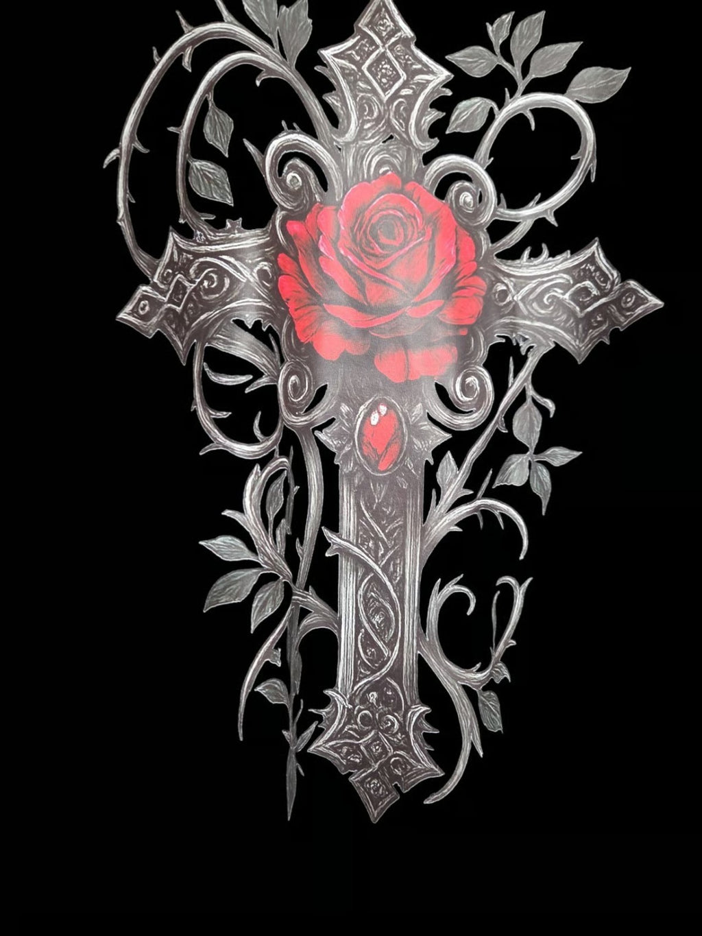 Black Cross and Roses Graphic V Neck Short Sleeve Over Sized Tee Shirt