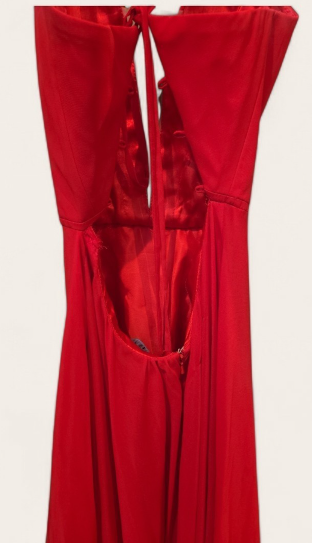 FAVIANA Women's Illusion Plunge Chiffon Gown Red Prom Maxi Dress V Neck Formal 0