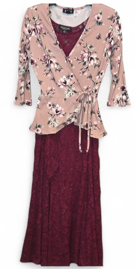 Perceptions Cranberry Lace A-line Fit & Flahe Dress Women Size 14 Short Sleeve