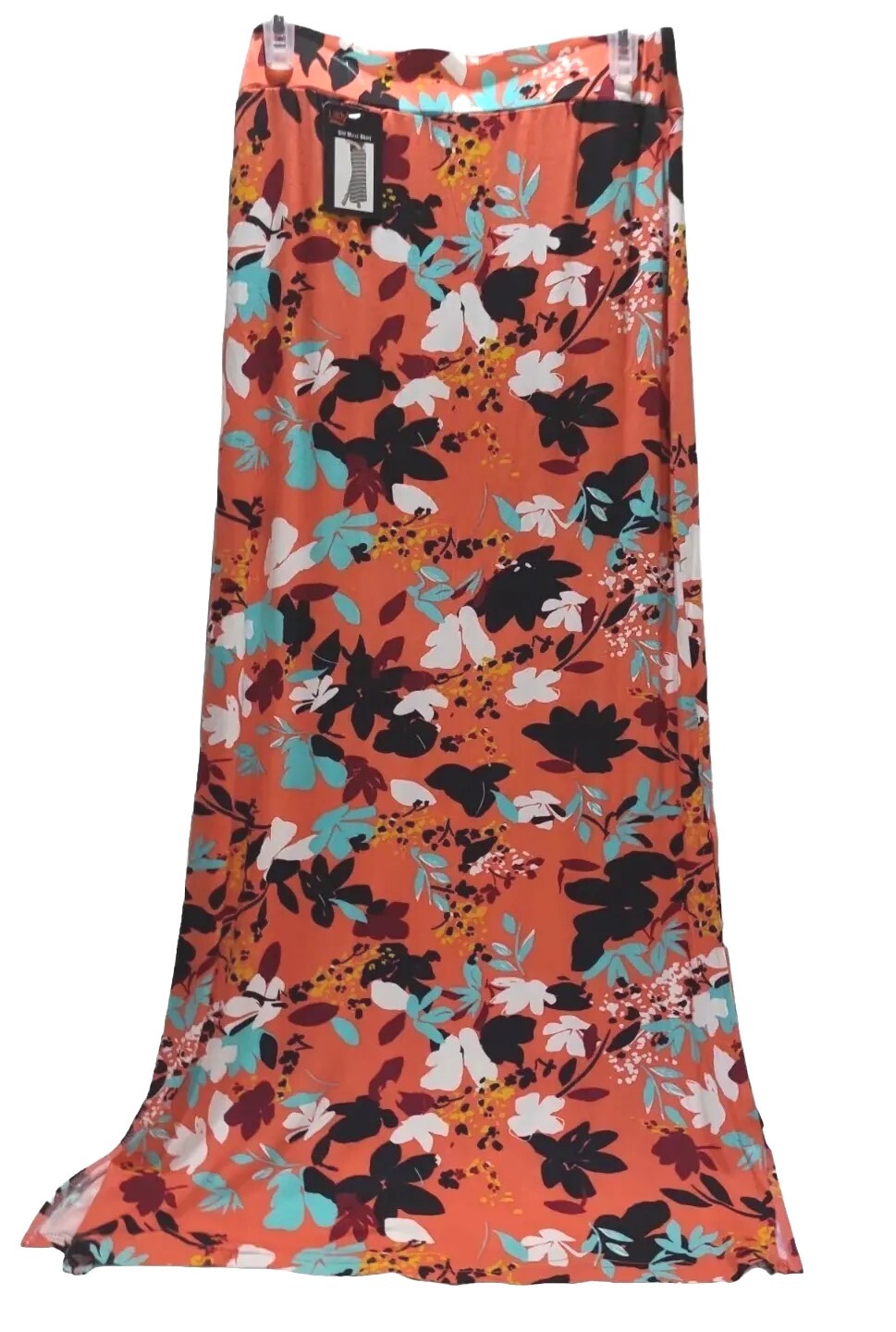 Ladies LILDY L-XL Side Slit Tie Coral Orange Multi-colored Maxi Skirt