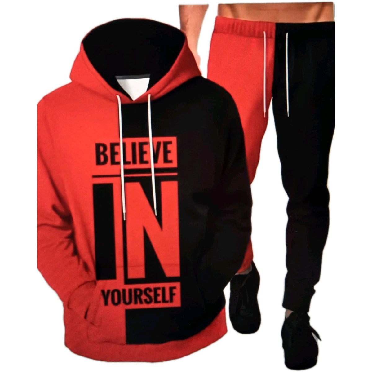 Large Size Men's "Believe in Yourself" Printed T-Hoodie and Pant  Set,