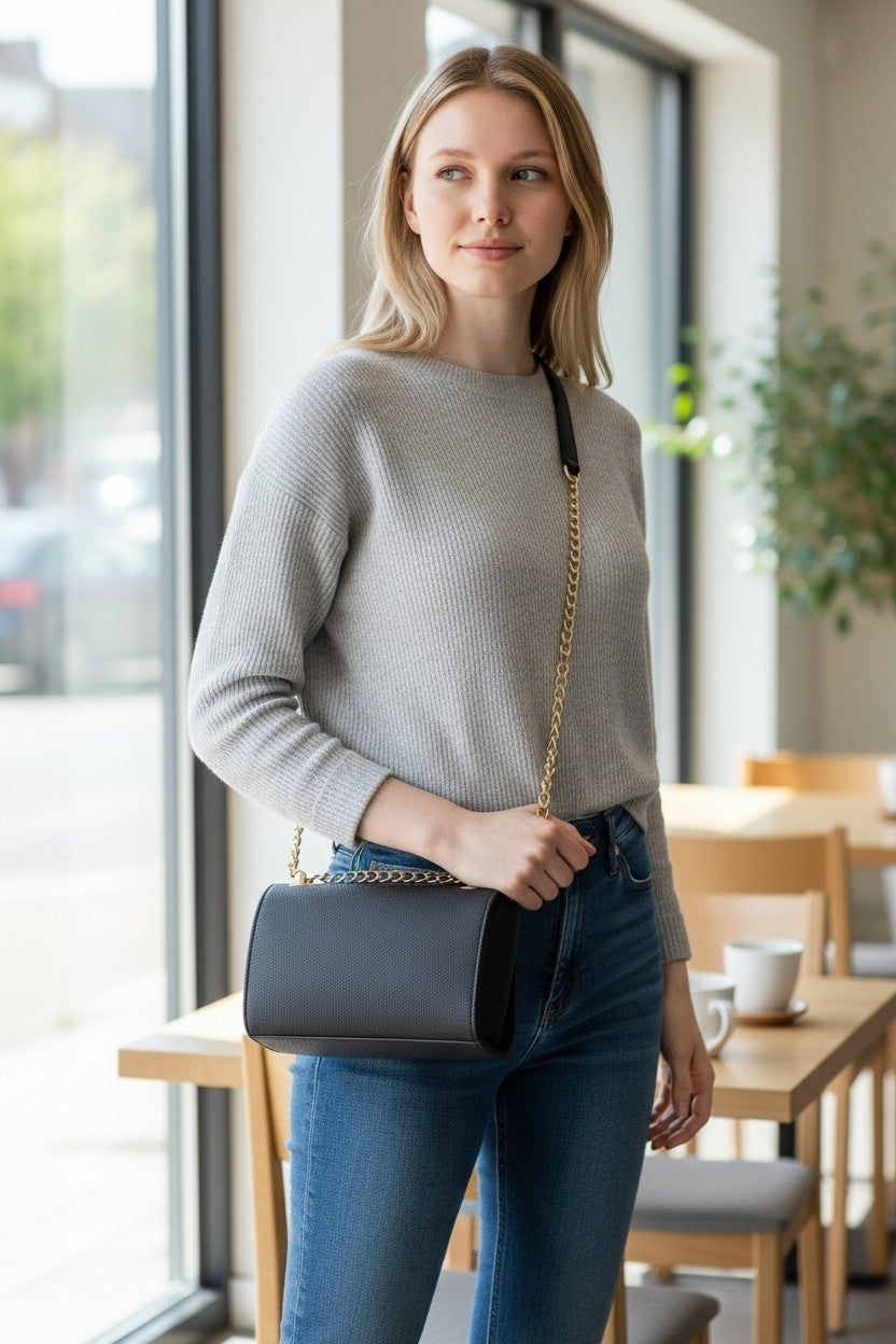 Leather Convertible Crossbody Clutch Chain Black Bag With Extra Small link Chain