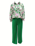 Batwing Sleeve Tie Dye Blouse & High Waist Solid Pantsuits