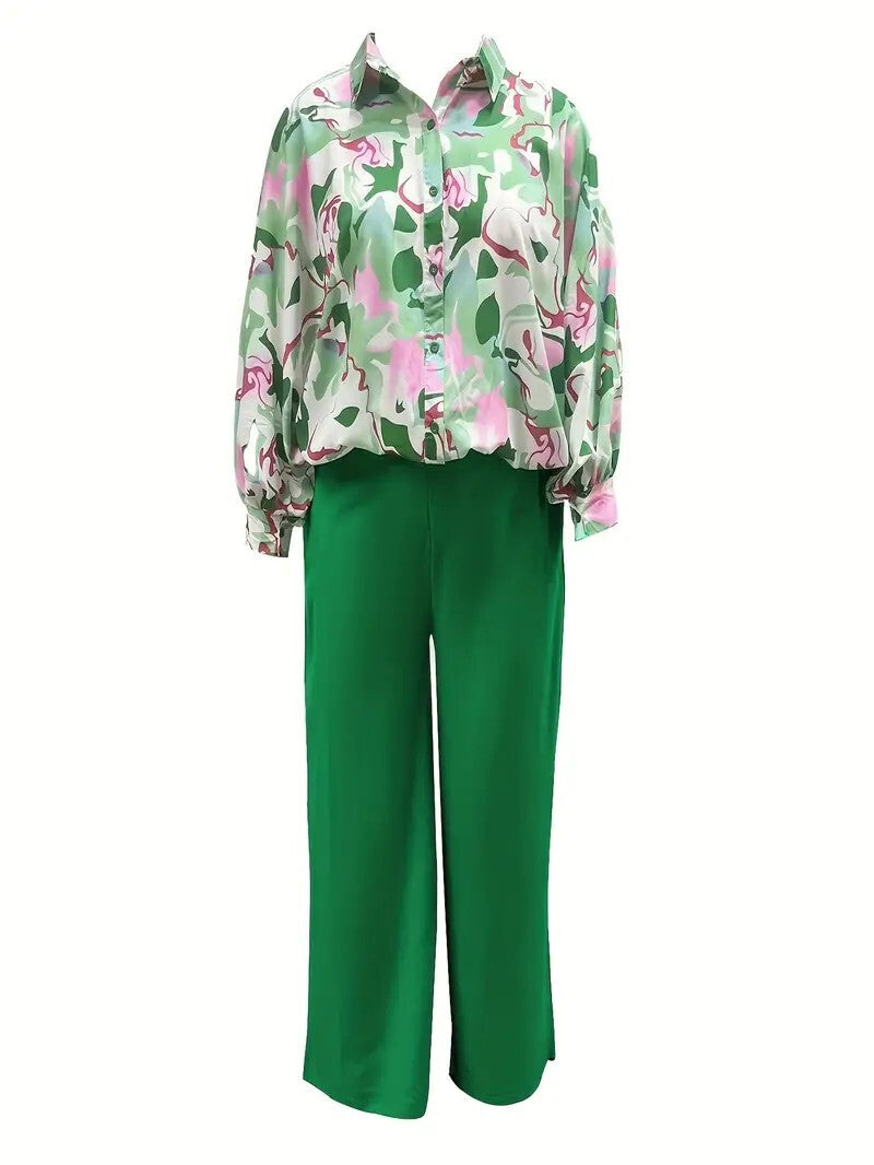 Batwing Sleeve Tie Dye Blouse & High Waist Solid Pantsuits
