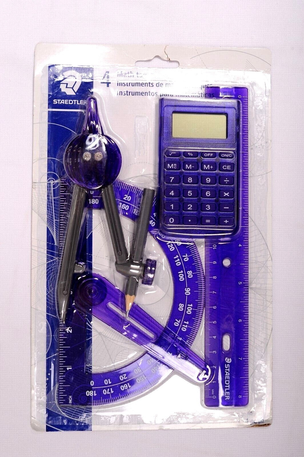 Staedtler 4 Piece Set Math Instruments Ruler Protractor Compass Calculator