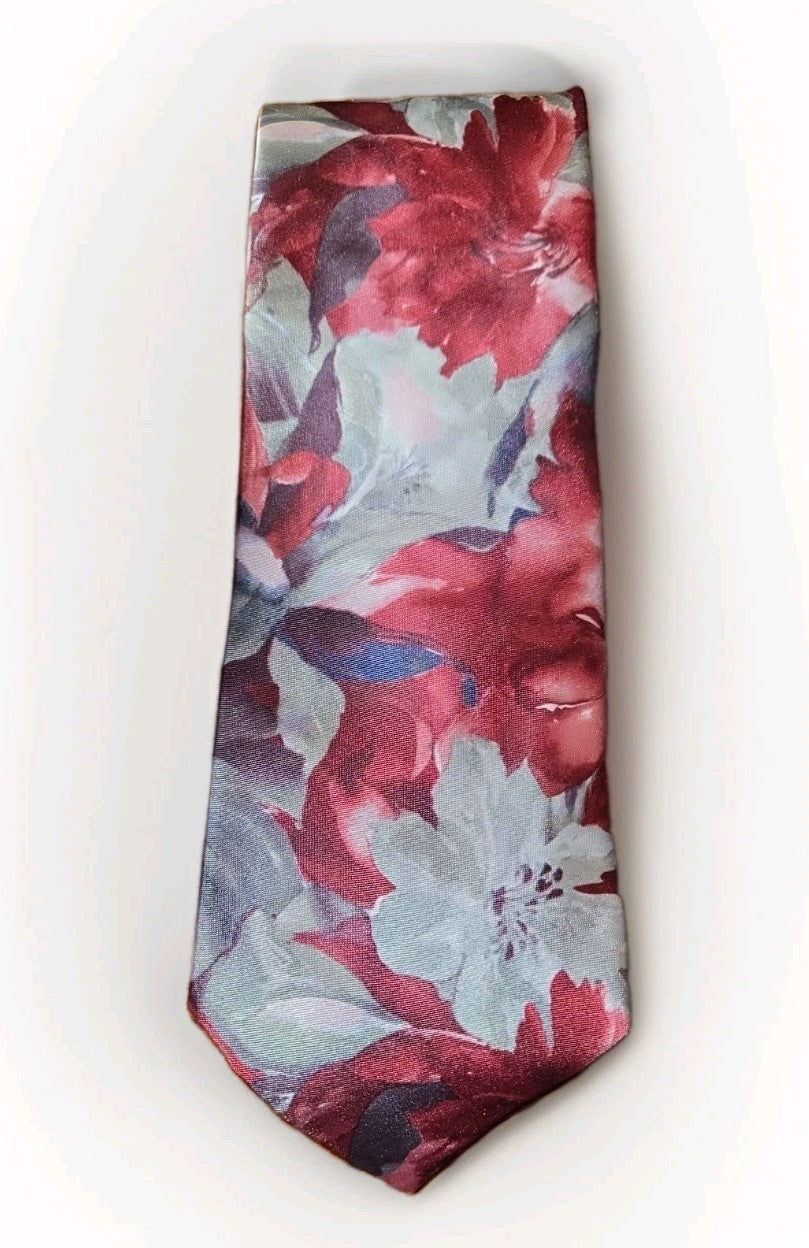 Essex Row Burgundy Floral Silk Necktie 57" Italian Fabric Made in USA Neck Tie