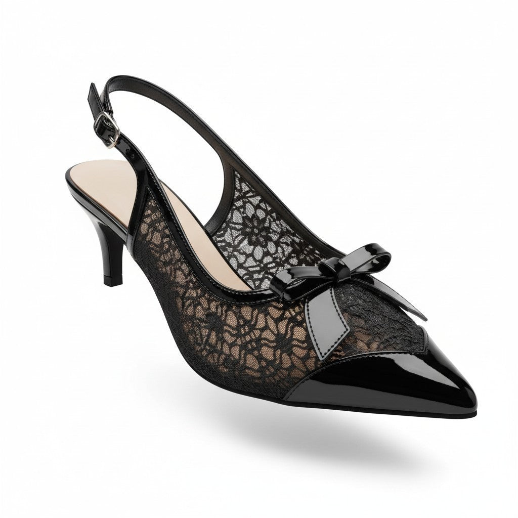 Women's Black Patent Heels Bowknot Pointed Toe Slingback Sz 41 Classy Elegant