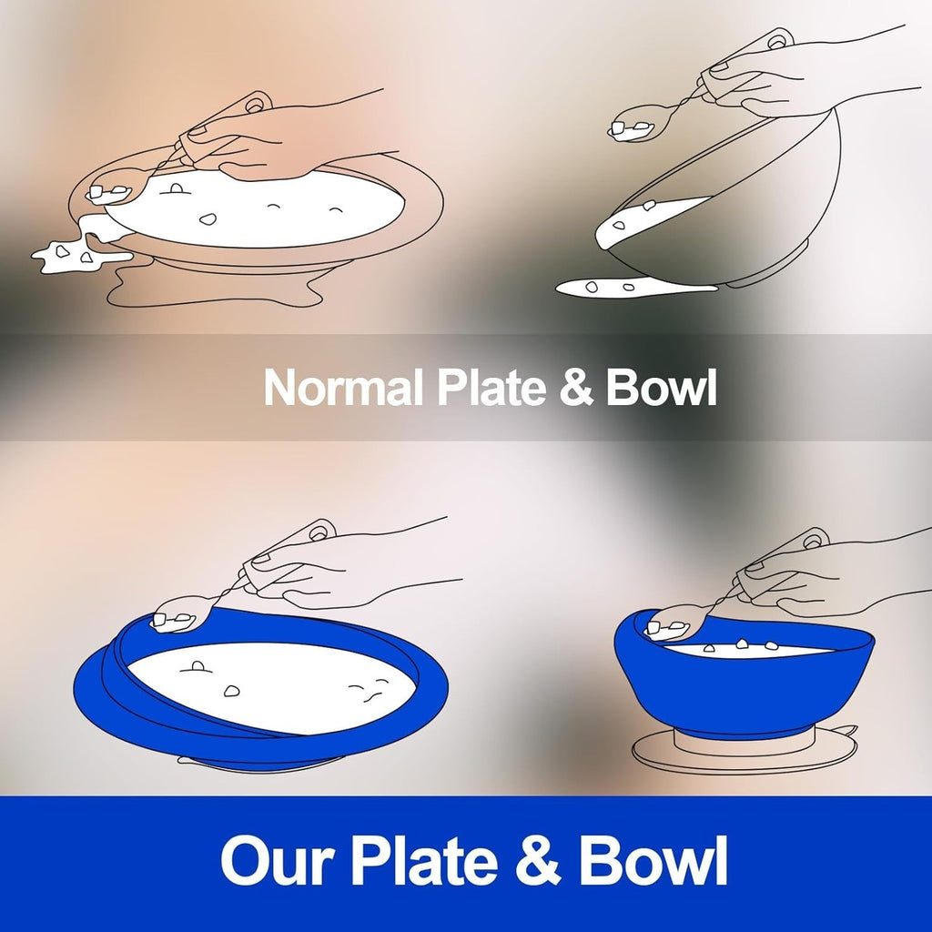 Hushee 3 Sets Adaptive Spill Proof Scoop Bowl and Plate Set with Suction Base