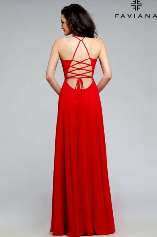 FAVIANA Women's Illusion Plunge Chiffon Gown Red Prom Maxi Dress V Neck Formal 0