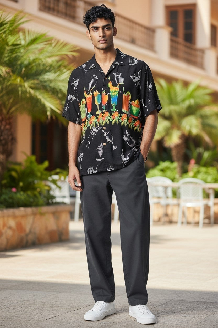 Malibu Dreams Shirt Mens M Black S/S Hawaiian Button Up  Aloha Cocktails