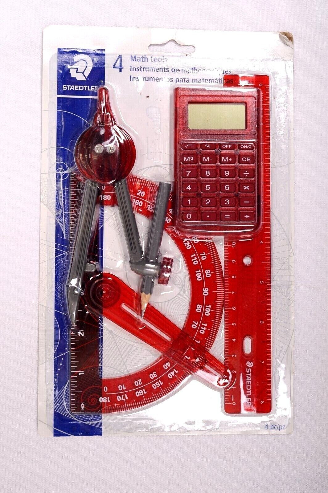 Staedtler 4 Piece Set Math Instruments Ruler Protractor Compass Calculator