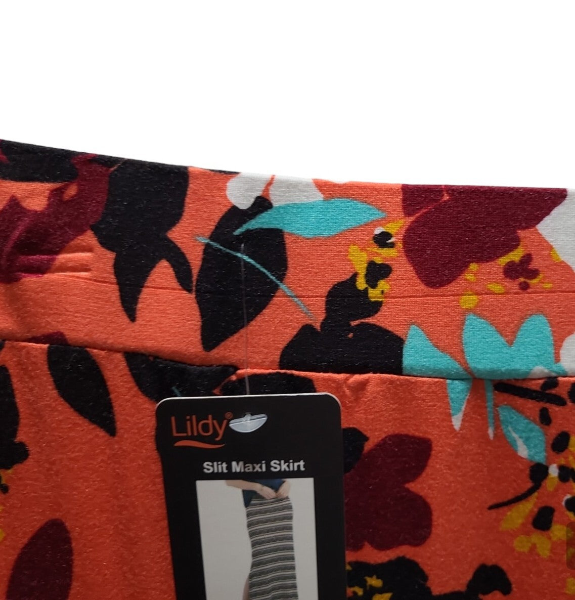 Ladies LILDY L-XL Side Slit Tie Coral Orange Multi-colored Maxi Skirt