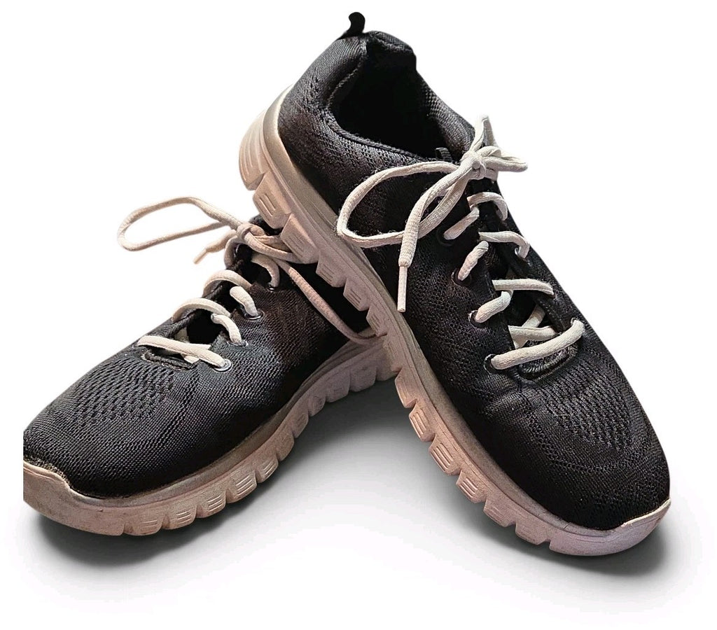 SKECHERS Flex Lite Mesh Lace-Up Low Top Athletic Sneakers Black/White Size 9