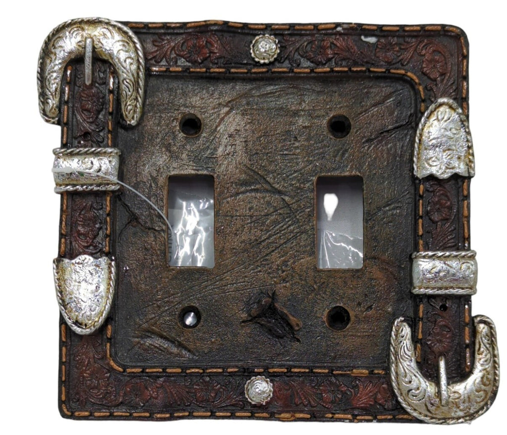 Silver Belt Buckle Switch Plate Covers Faux Leather Look Rustic Western Decor