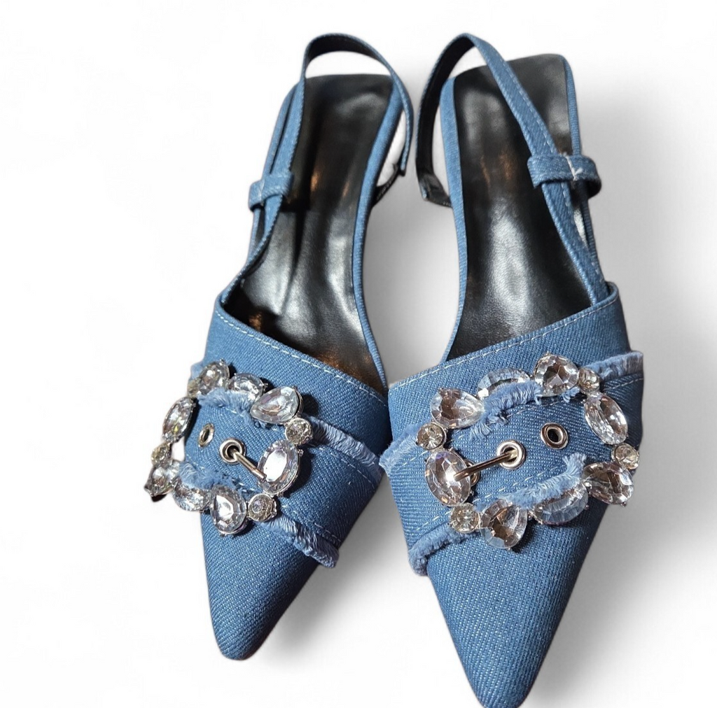 Womens Fashion Pointy Toe Buckle Strap Fringe Denim Sandals Kitten Heel
