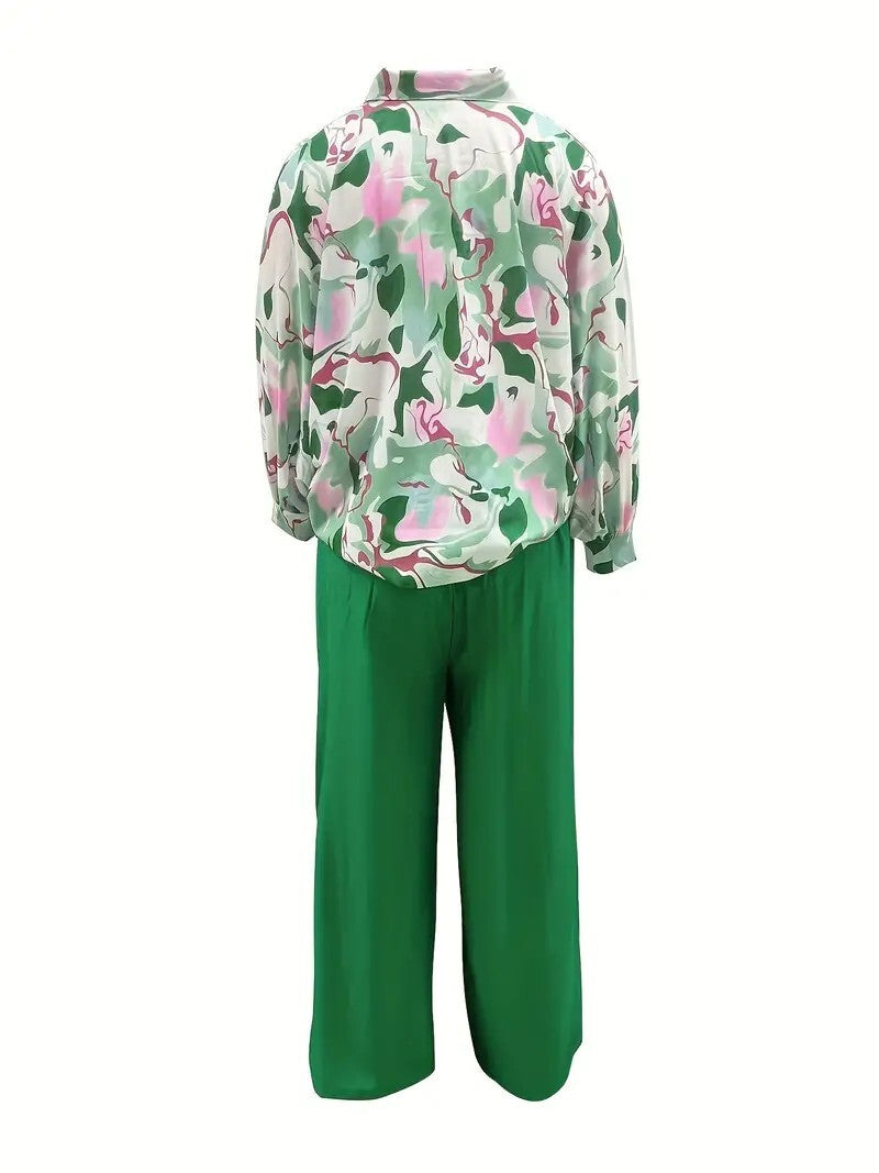 Batwing Sleeve Tie Dye Blouse & High Waist Solid Pantsuits