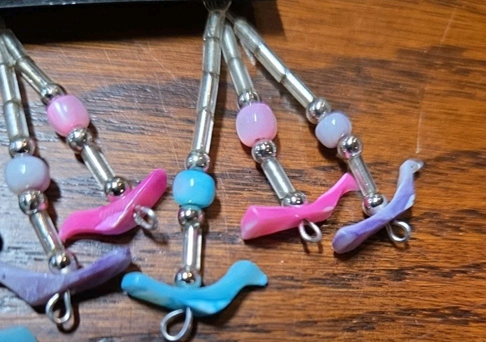 Turquoise, Pink, White Carved  Bird Dangle Pierced  Fashion Earrings