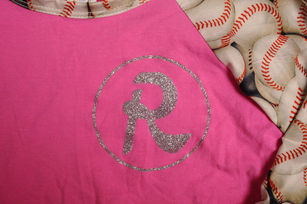 Sunshine & Rodeos Pink with glitter R baseball T shirt