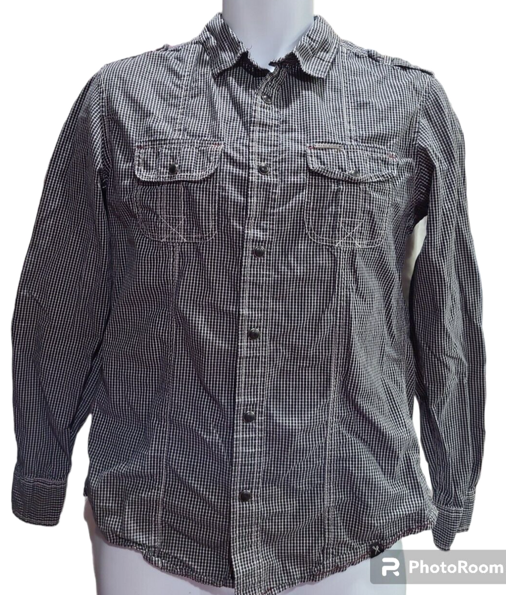 Marc Ecko Shirt Mens Small Black & White SNAP Front Button Up Camp Long Sleeve