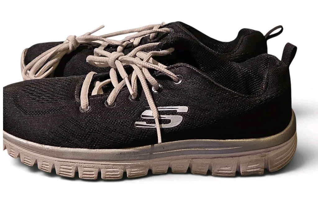 SKECHERS Flex Lite Mesh Lace-Up Low Top Athletic Sneakers Black/White Size 9