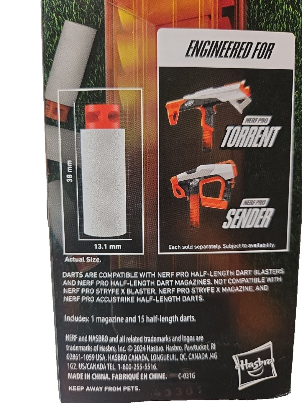 Nerf Pro Mag Plus Half-Length Dart Magazine Refill, 15 Darts Nerf Torrent/Sender