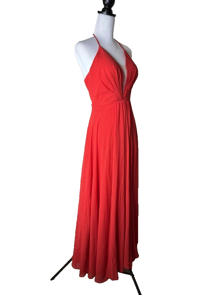 FAVIANA Women's Illusion Plunge Chiffon Gown Red Prom Maxi Dress V Neck Formal 0